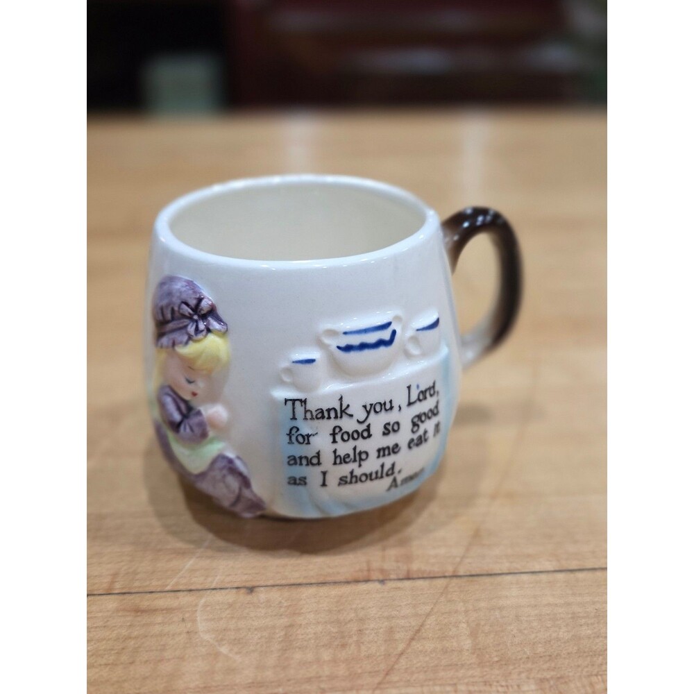 Vintage Enesco Ceramic Childrens Dinner Prayer Mug Girl in Bonnet